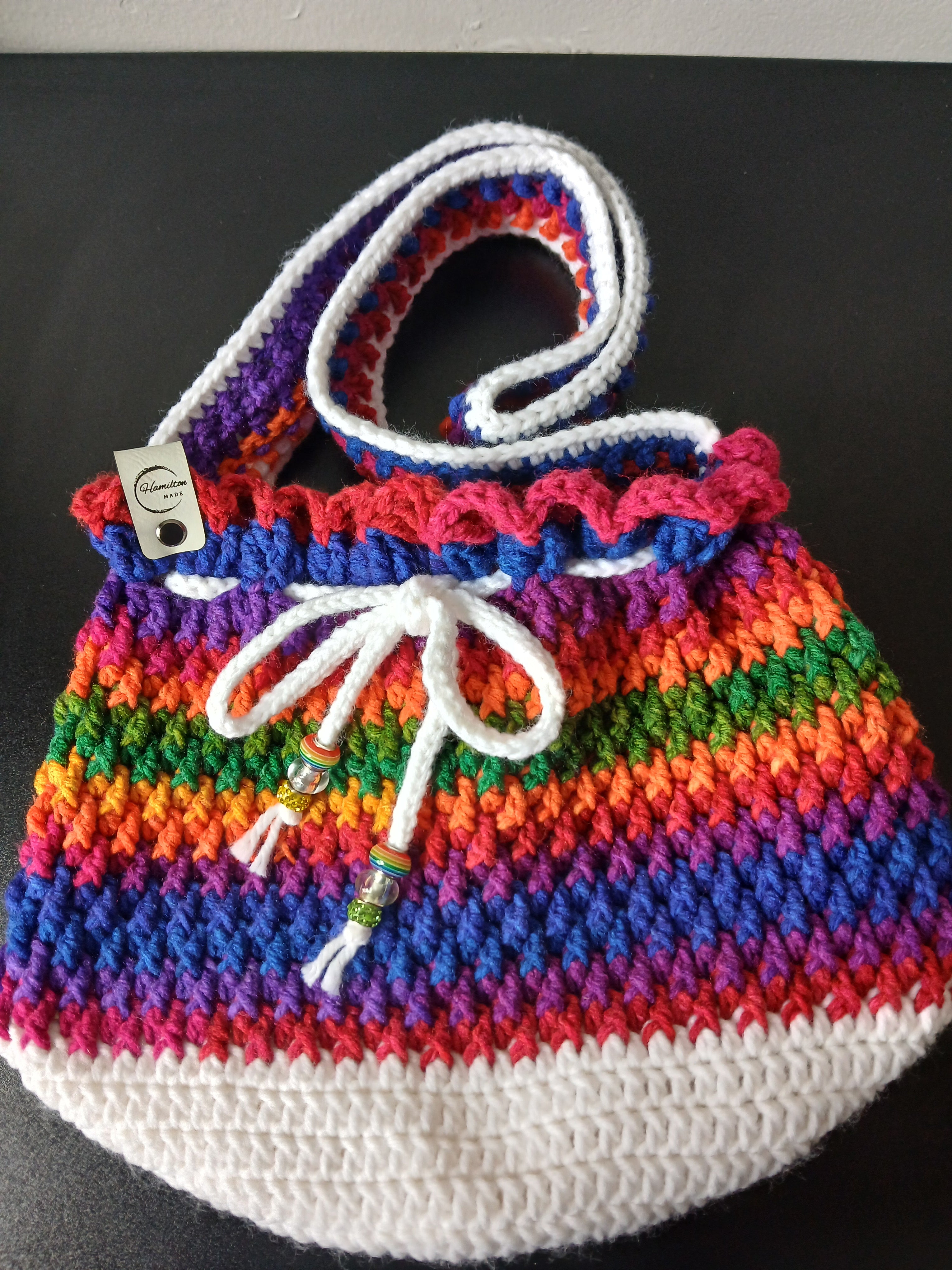 Rainbow and White Drawstring Bag