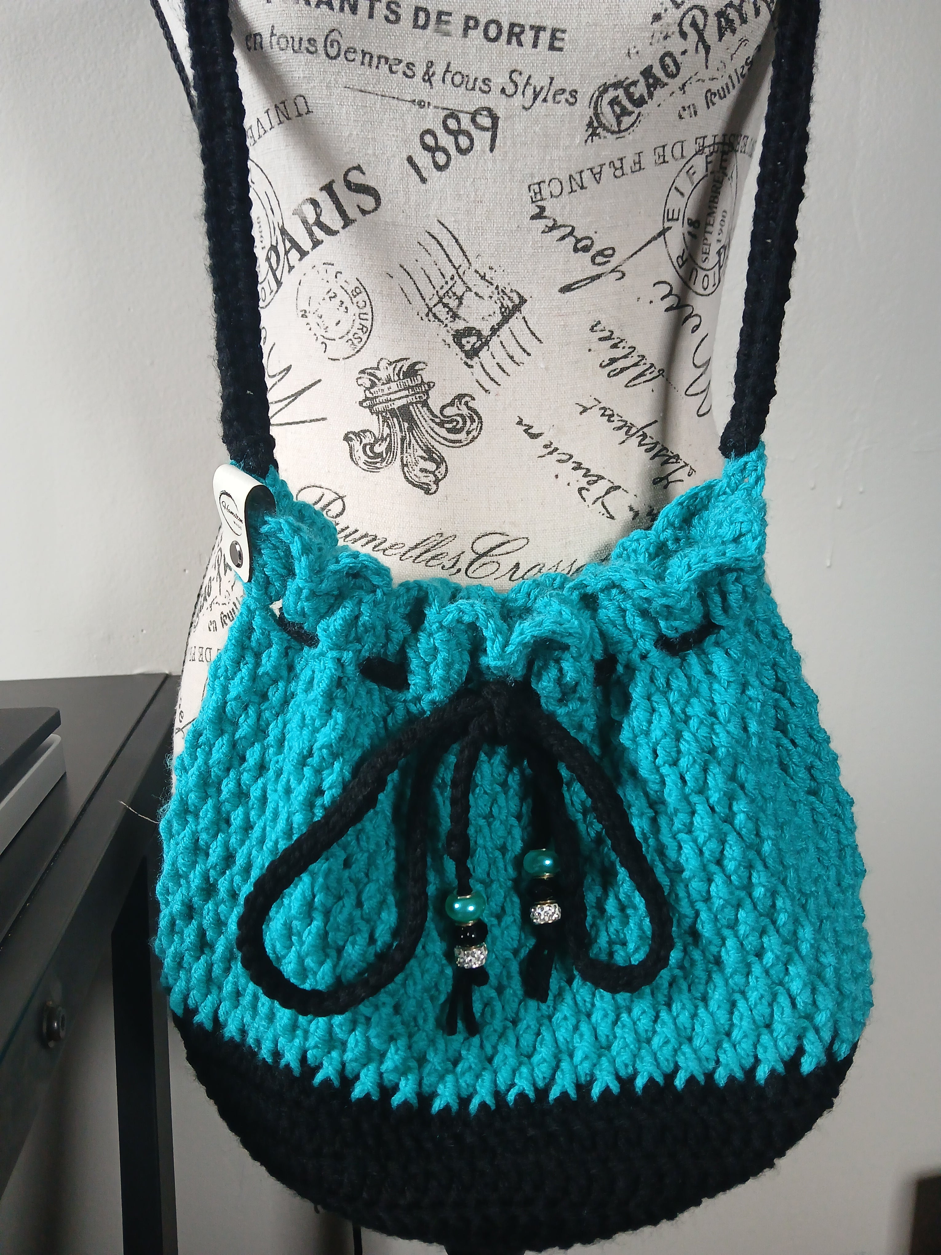 Teal and Black Drawstring Bag