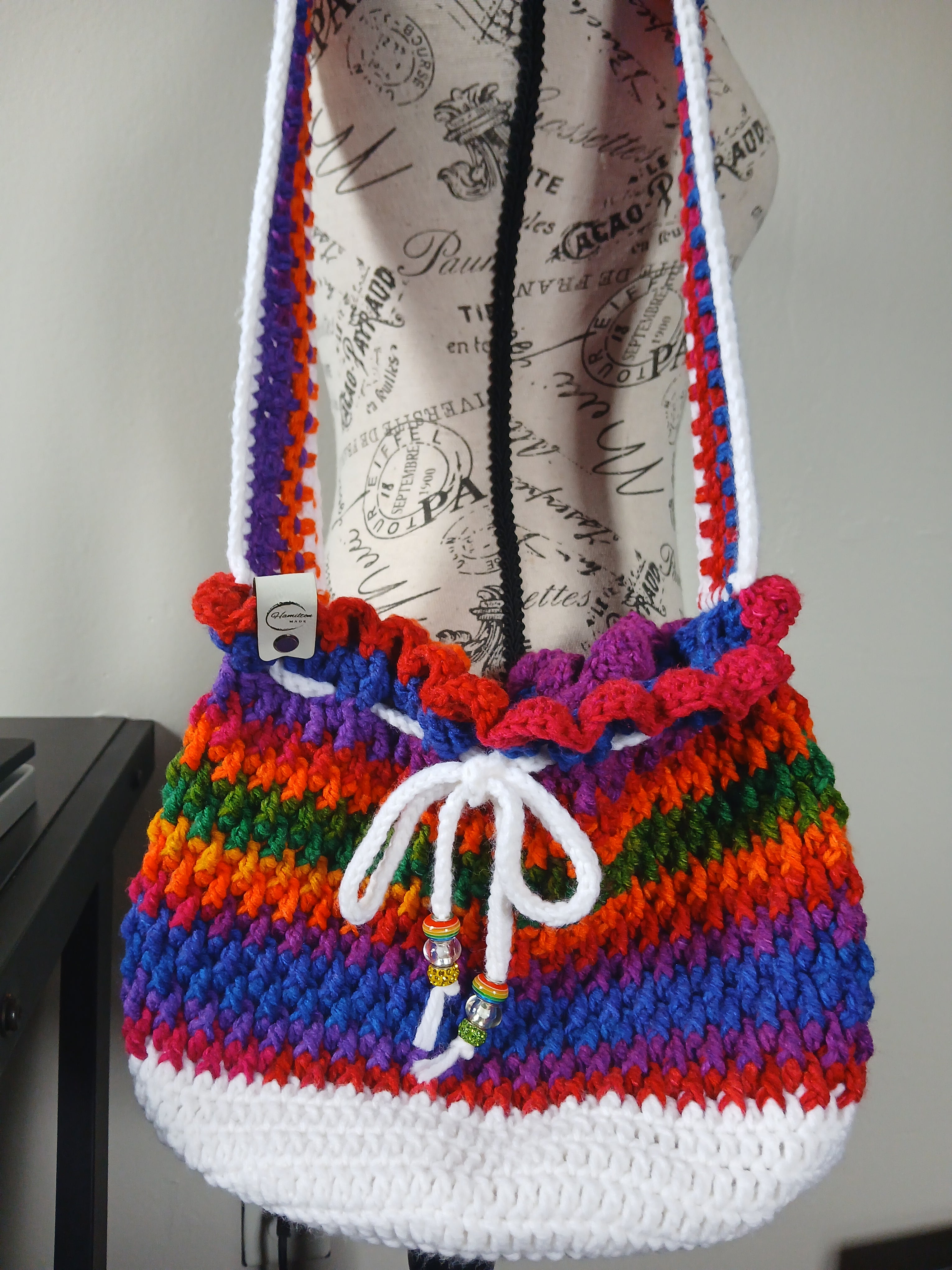Rainbow and White Drawstring Bag