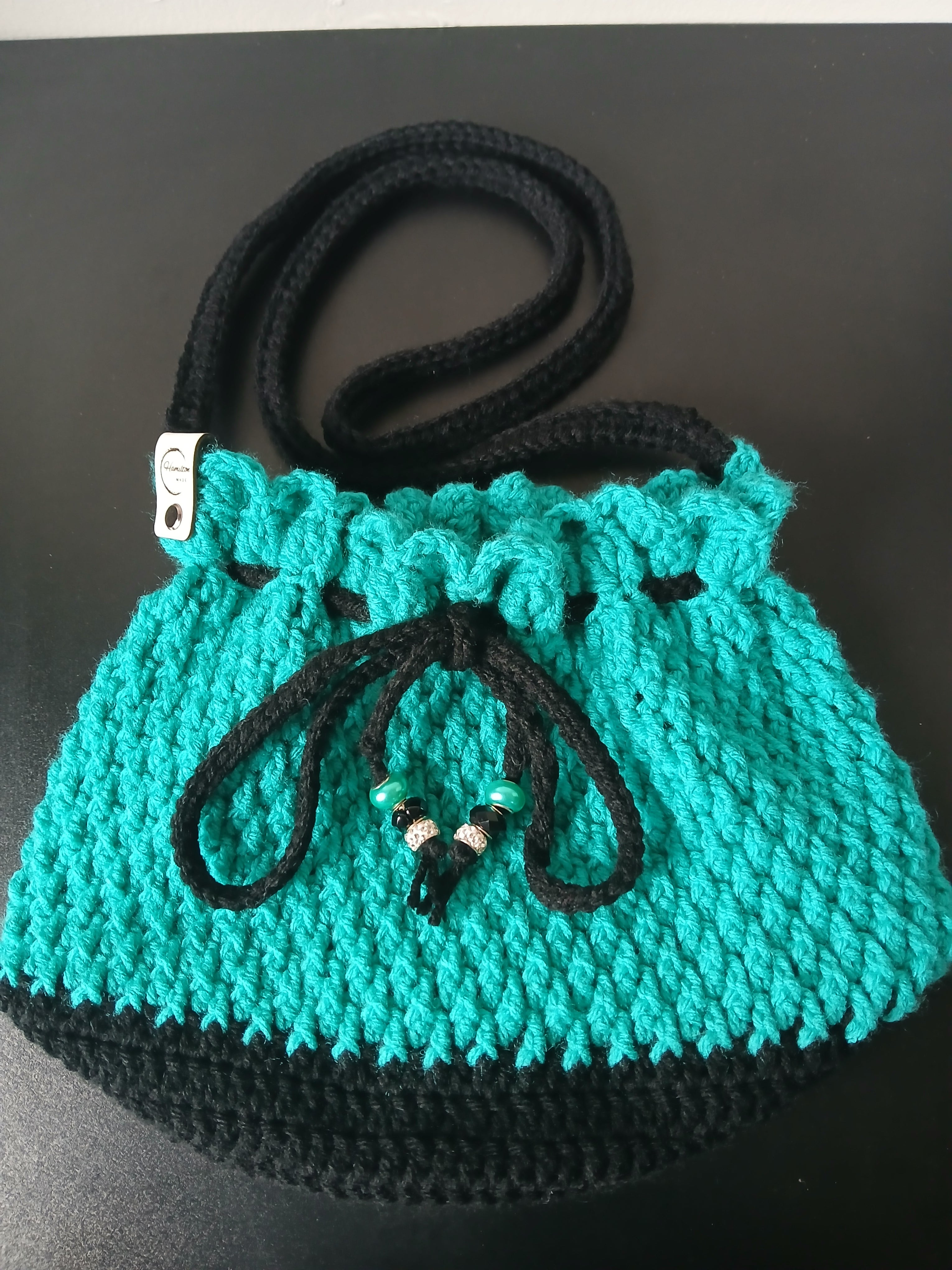 Teal and Black Drawstring Bag