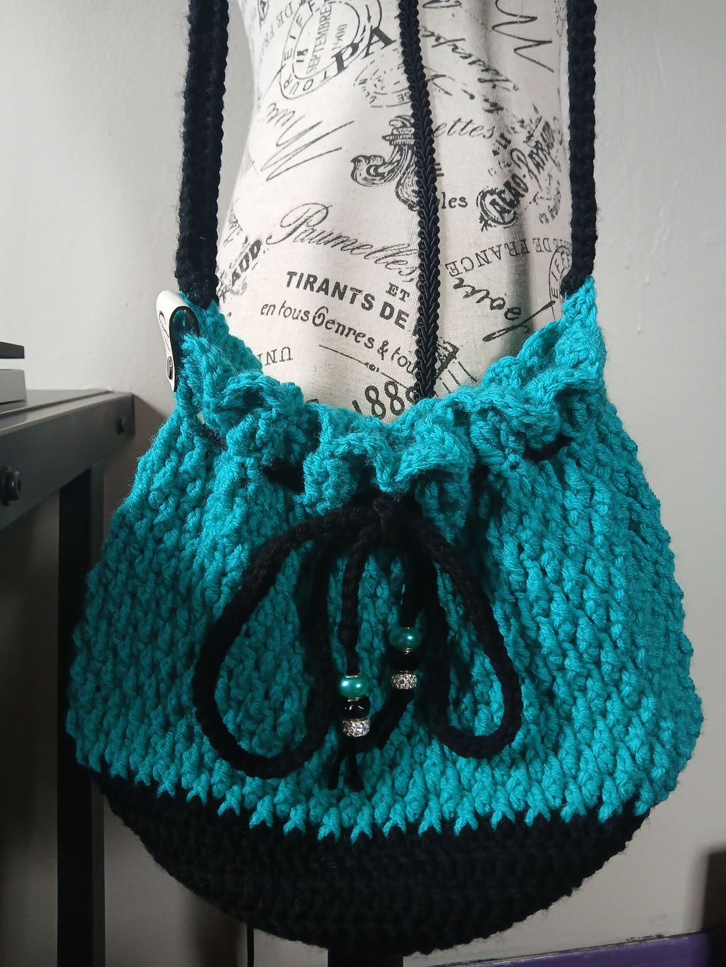Teal and Black Drawstring Bag