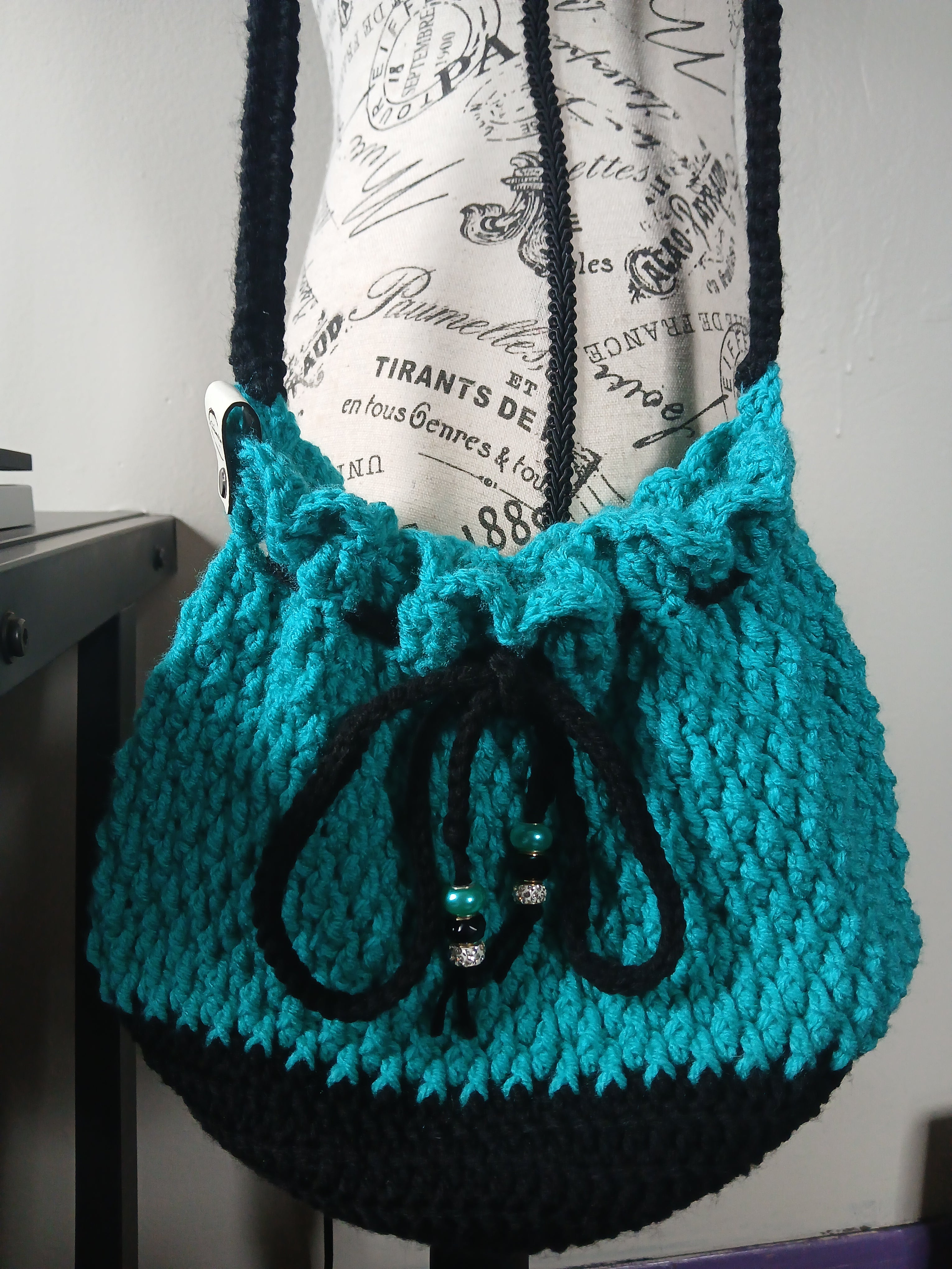 Teal and Black Drawstring Bag